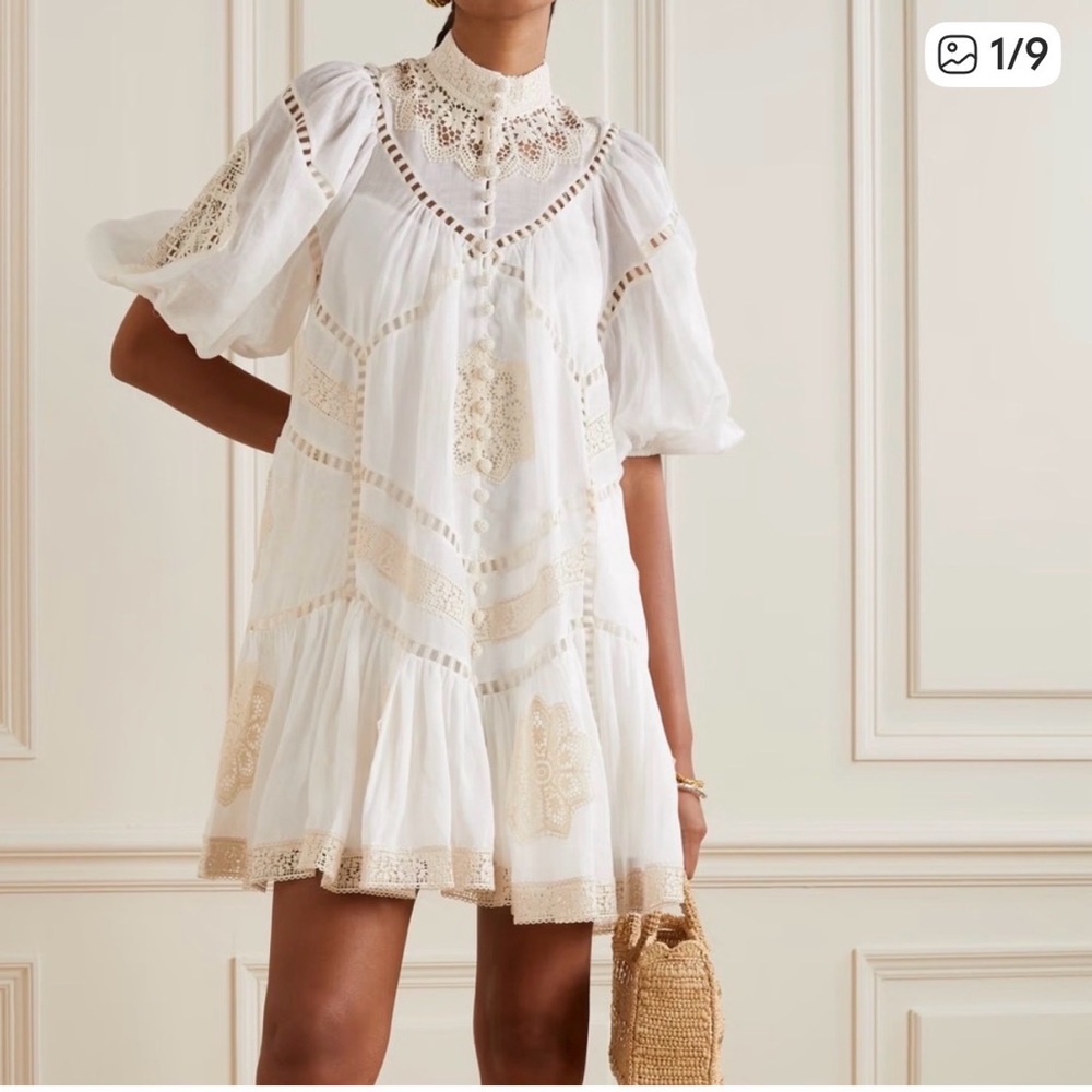 Zimmermann White Lace High Neck Mini Dress Puff Sleeve Boho Victorian Size 0